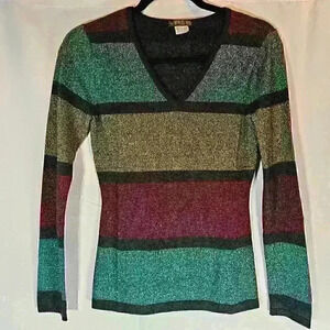 ✨Like New✨ Venus Long Sleeve V-Neck Striped Shimmer Sweater, Size XS